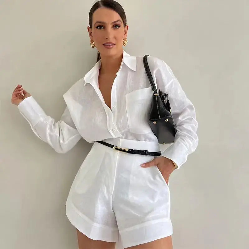 Summer Shorts Sets Long Sleeve Blouses with Short Pant