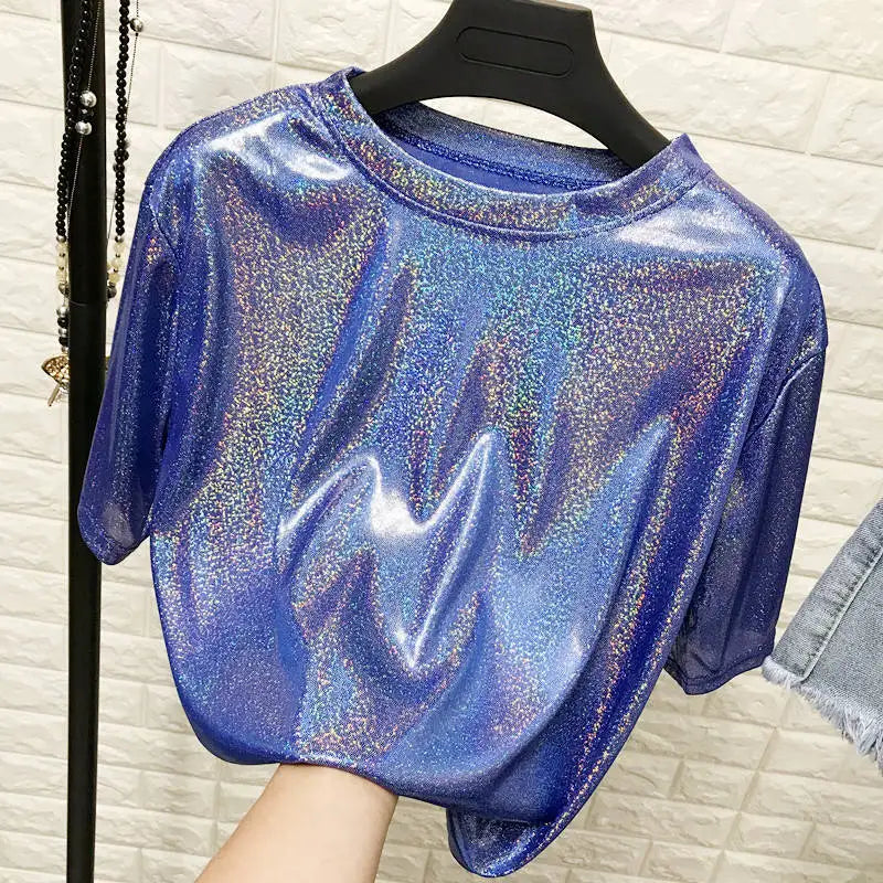 Shiny Loose Short Sleeve T-Shirt – Summer Club Aesthetic