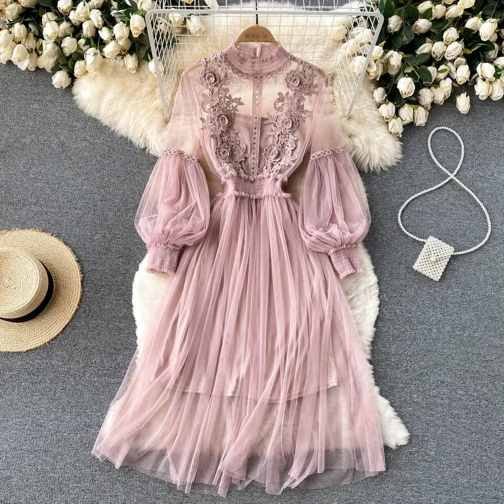 Lantern Sleeve High Waist Slim Female Dress