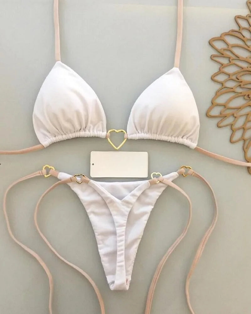 Sexy Solid Color Halter Bikini Set – Women's Triangle Thong Swimwear