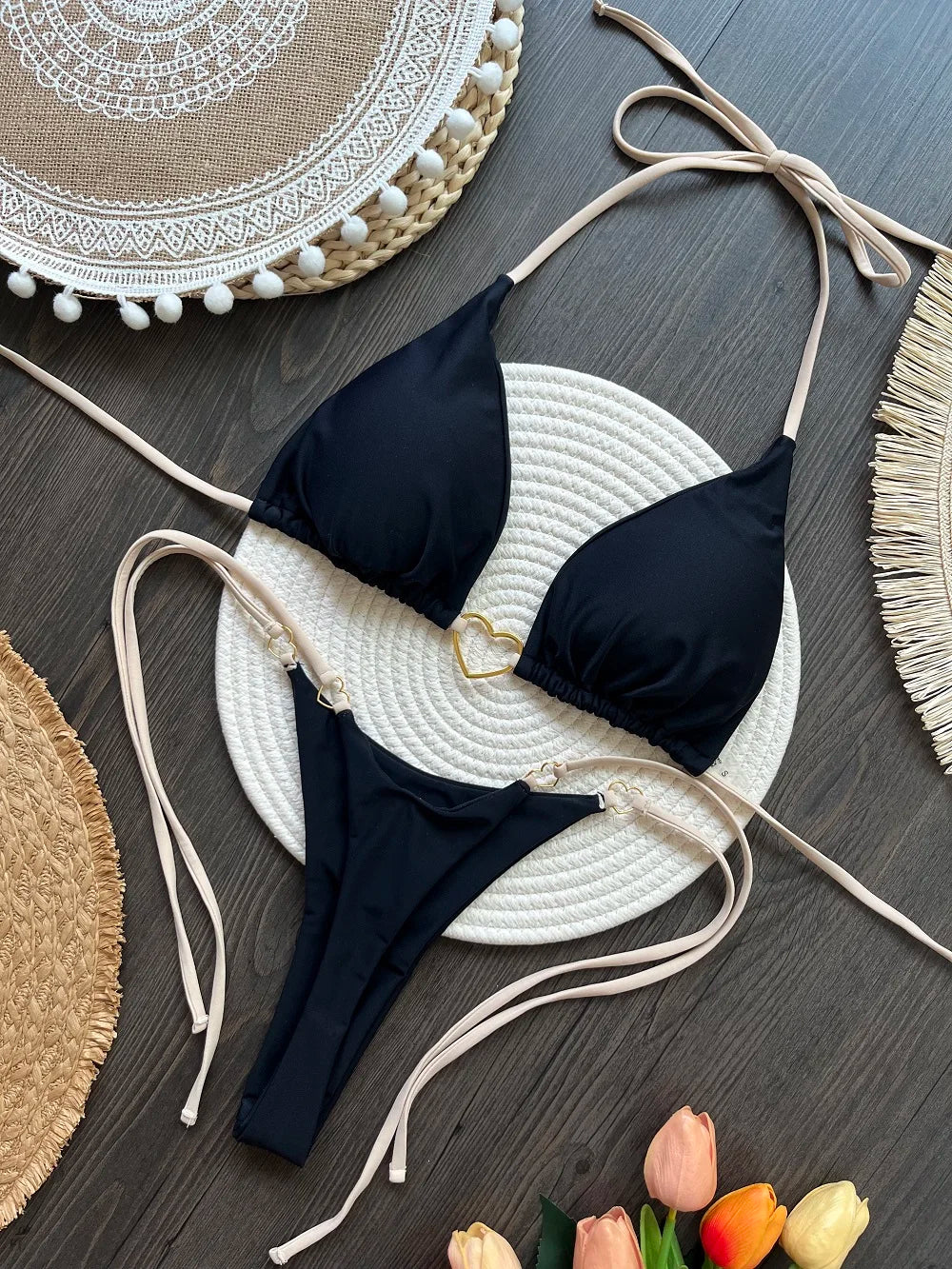 Sexy Solid Color Halter Bikini Set – Women's Triangle Thong Swimwear