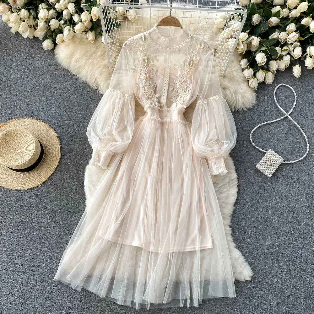 Lantern Sleeve High Waist Slim Female Dress
