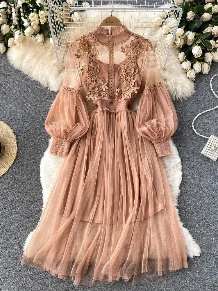 Lantern Sleeve High Waist Slim Female Dress