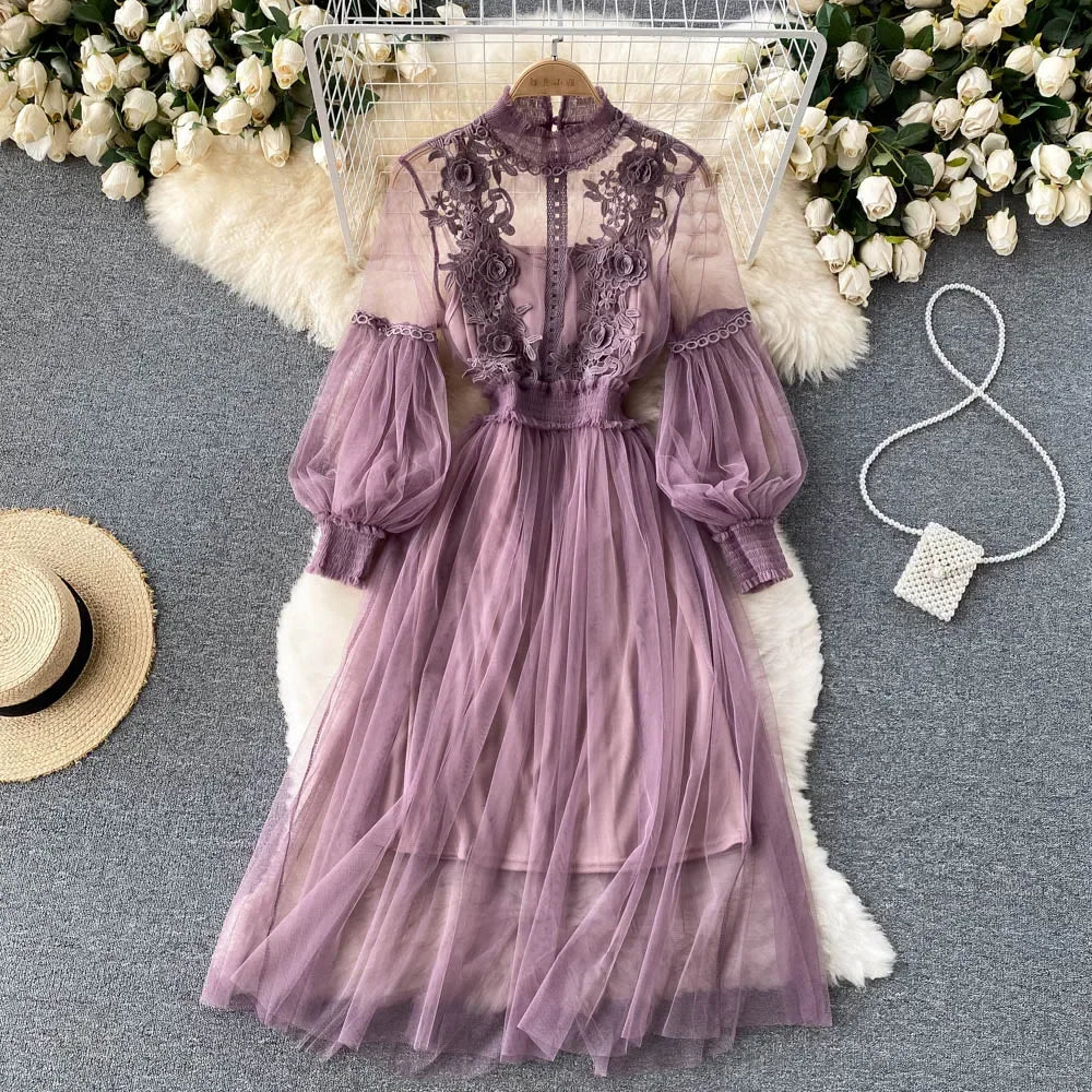 Lantern Sleeve High Waist Slim Female Dress