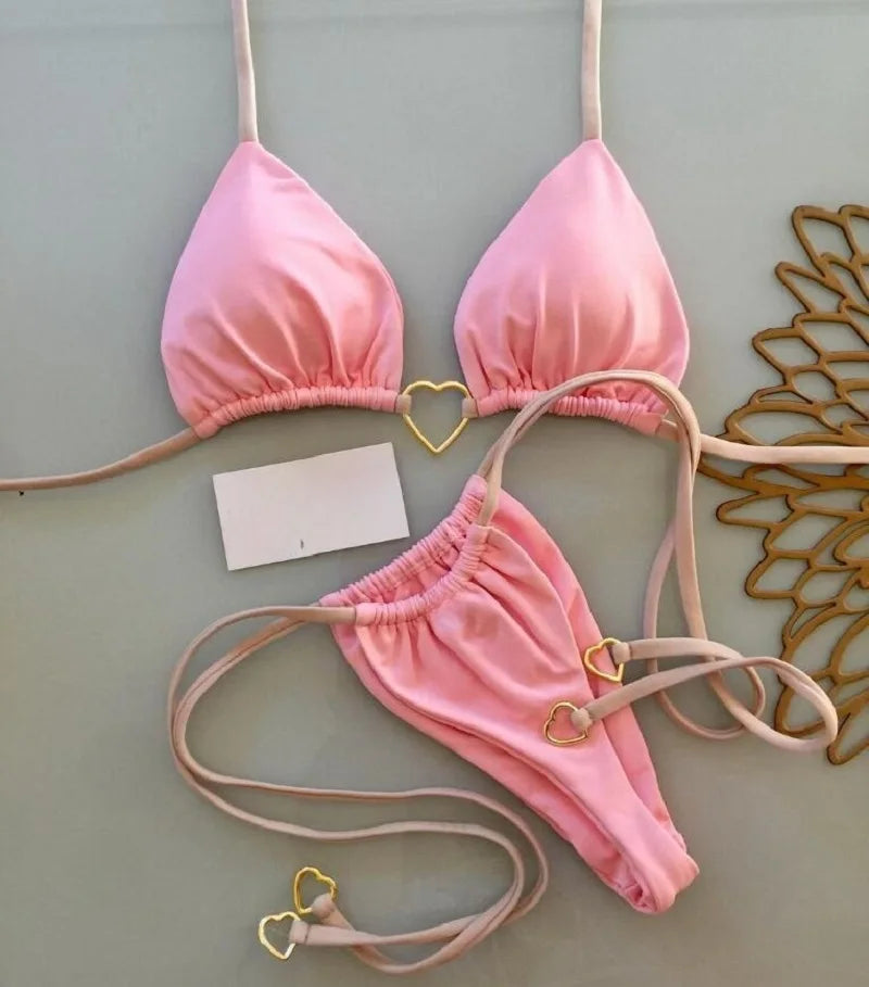 Sexy Solid Color Halter Bikini Set – Women's Triangle Thong Swimwear