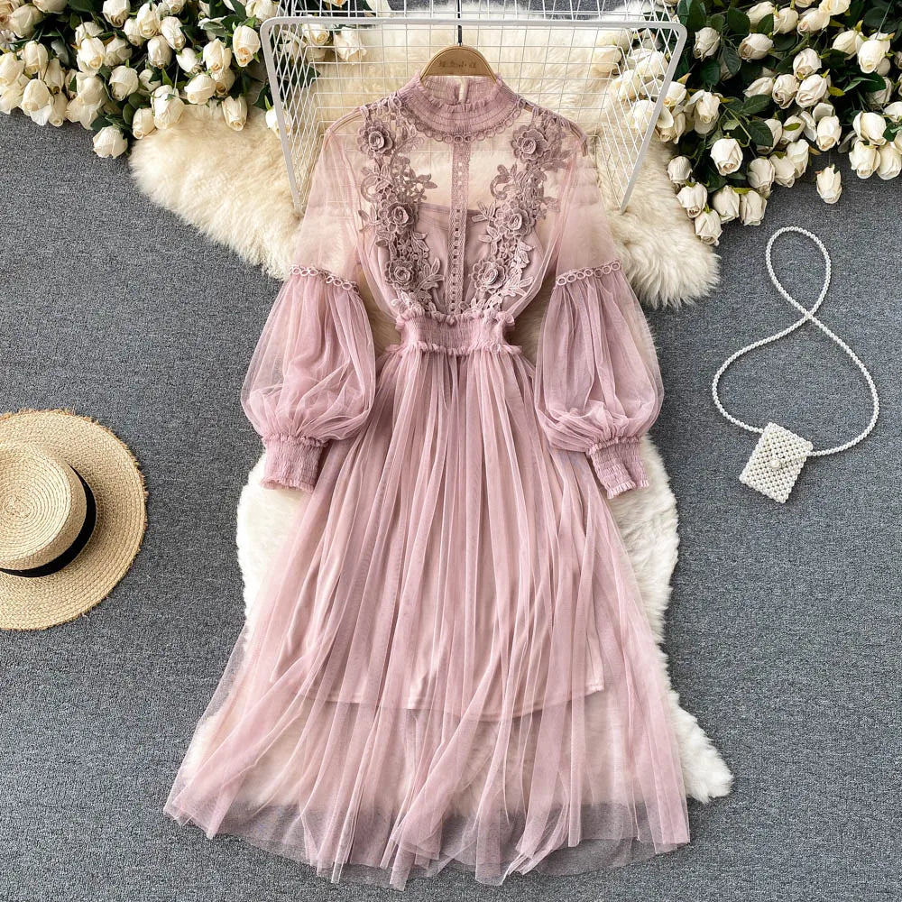 Lantern Sleeve High Waist Slim Female Dress