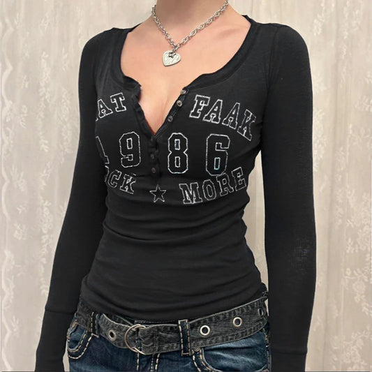 Letter Print Long Sleeve Bodycon T-Shirt