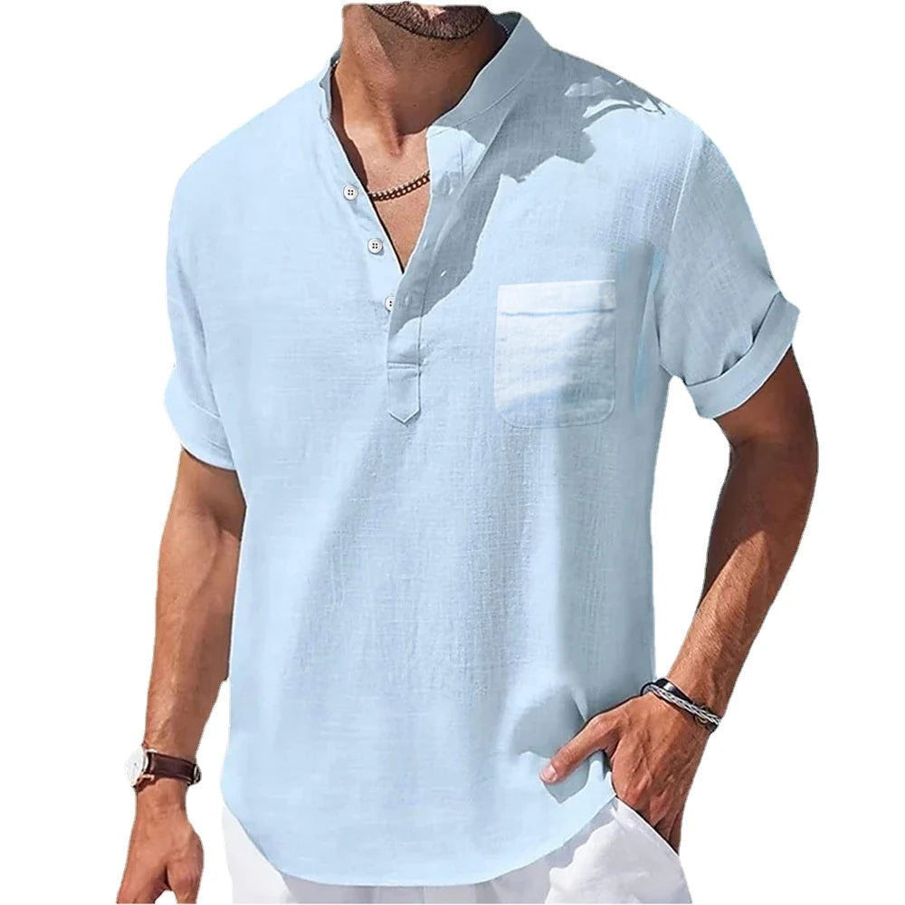 Casual Stand-Up Collar Linen Short Sleeve Shirt