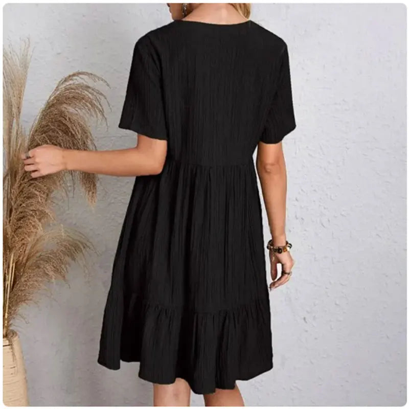 Spring V-Neck Short Sleeve Loose Waist Dress