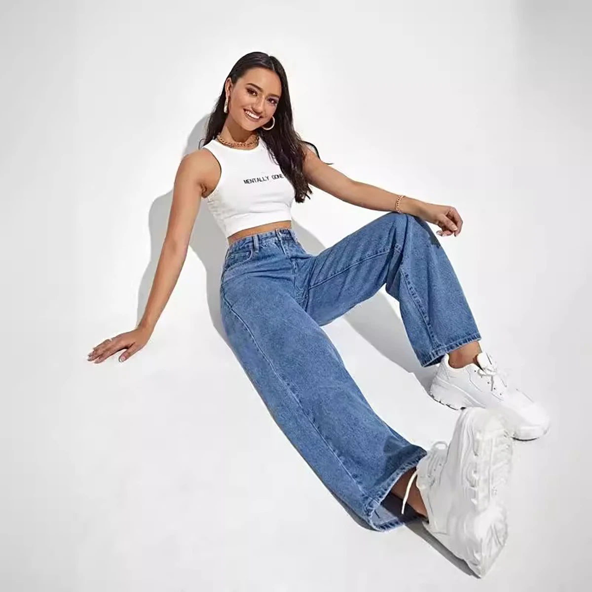 Women's Dark Blue Wide Leg Straight Jeans