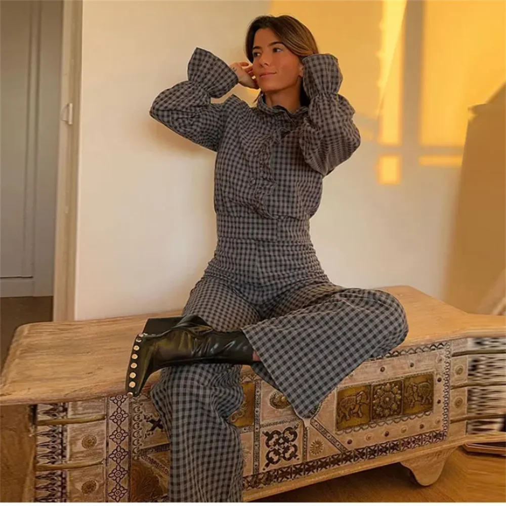 Fashion temperament casual versatile bubble sleeve plaid long jumpsuit