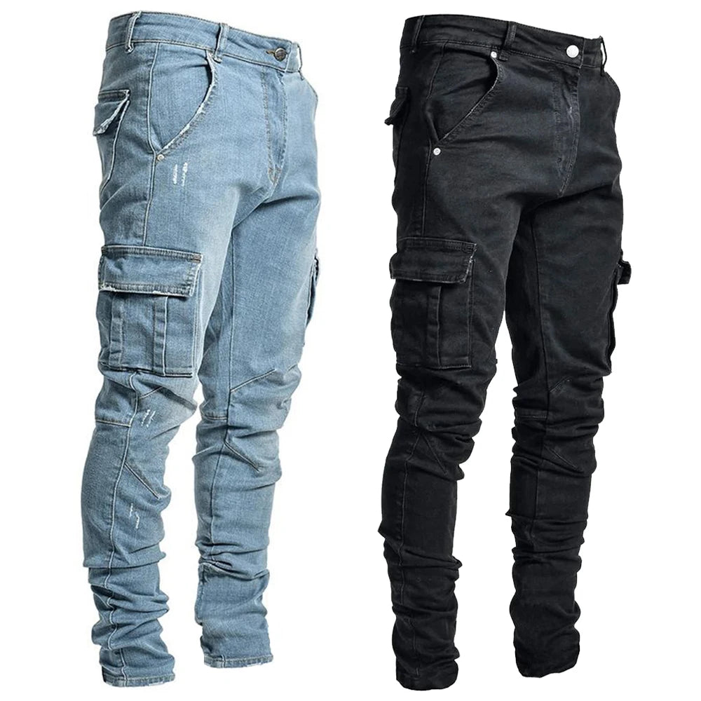 Elastic Denim Cargo Pants with Pockets