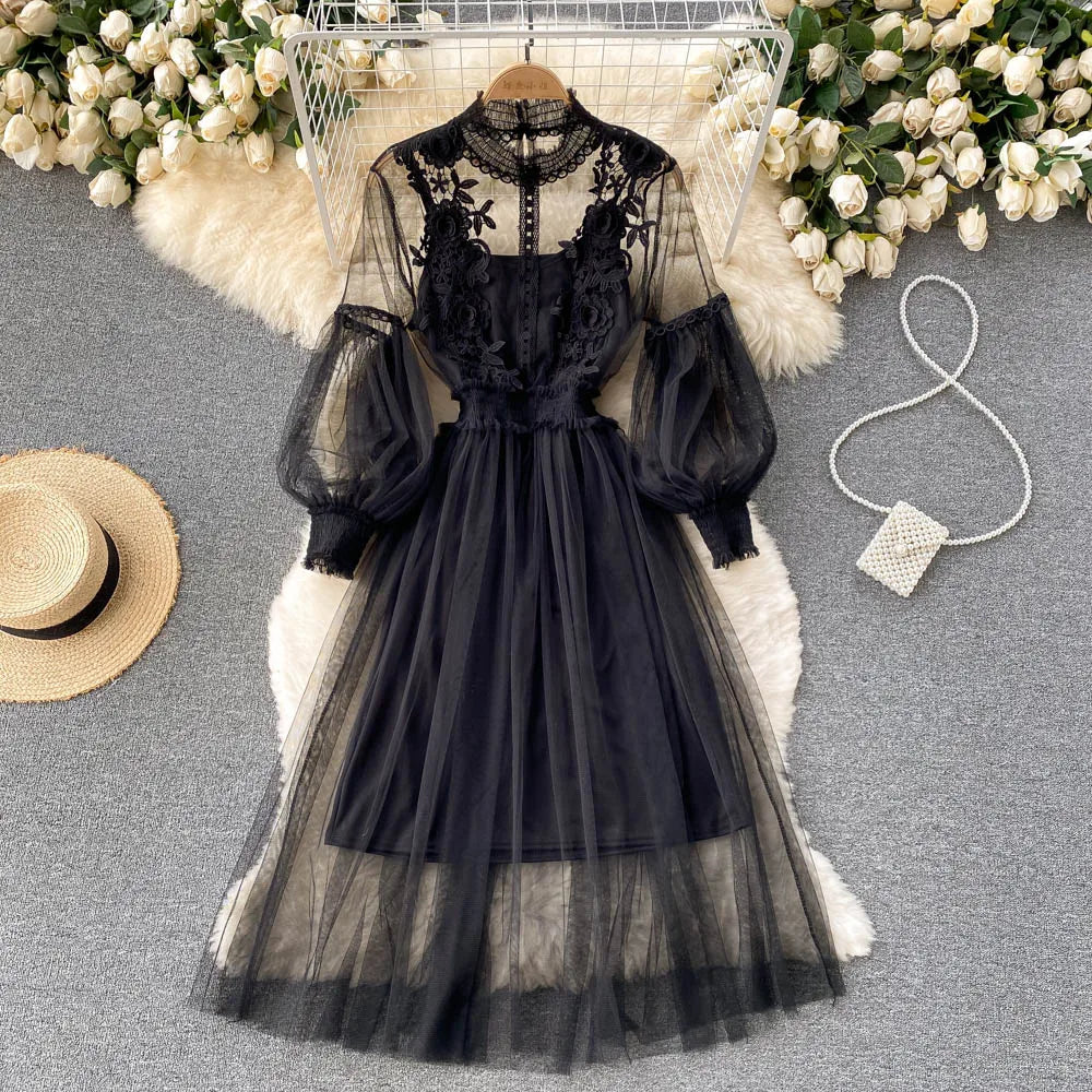 Lantern Sleeve High Waist Slim Female Dress
