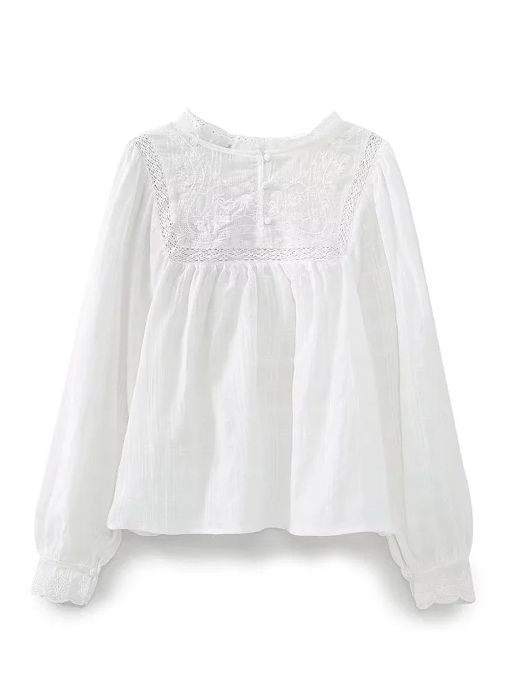 Women Fashion Embroidery White Hollow Out Blouse