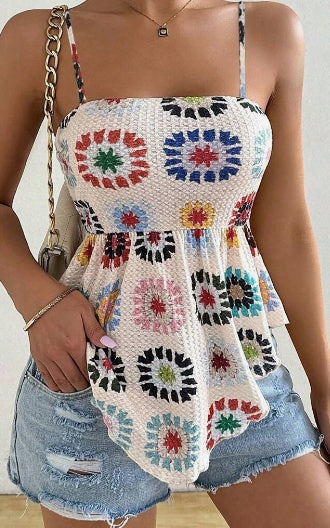 Women's Vacation Hibiscus Printed Ruffle Hem Casual Camisole Top Graphic Tees