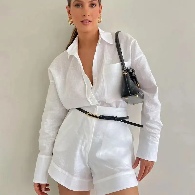 Summer Shorts Sets Long Sleeve Blouses with Short Pant