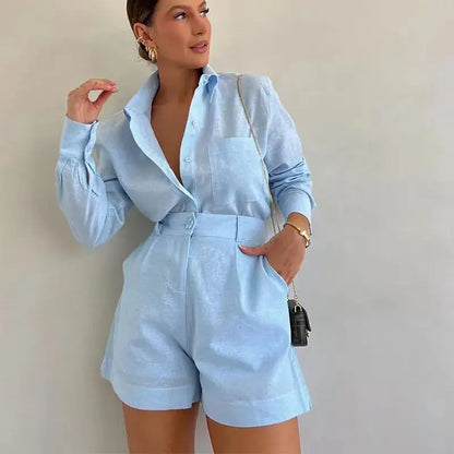 Summer Shorts Sets Long Sleeve Blouses with Short Pant