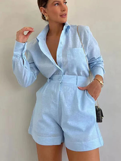 Summer Shorts Sets Long Sleeve Blouses with Short Pant