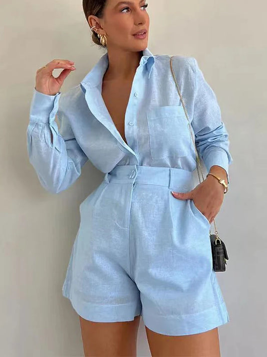 Summer Shorts Sets Long Sleeve Blouses with Short Pant