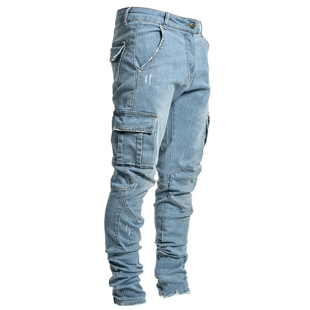 Elastic Denim Cargo Pants with Pockets