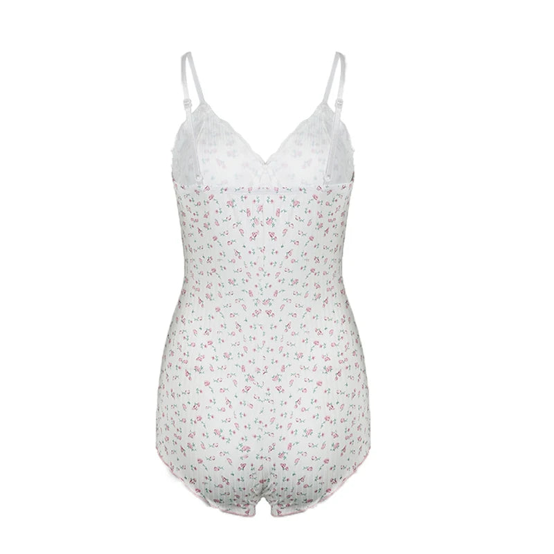 Sweet Floral Print Lace Patchwork Bodysuit – Spring & Summer Romance
