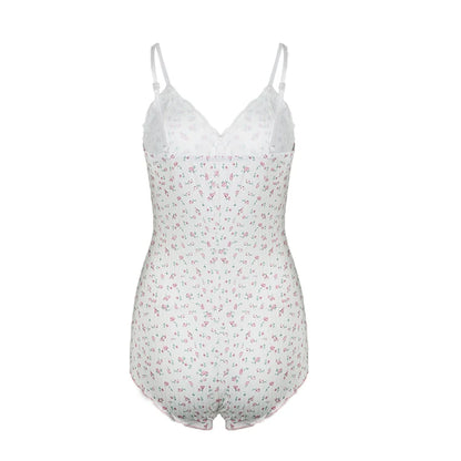Sweet Floral Print Lace Patchwork Bodysuit – Spring & Summer Romance