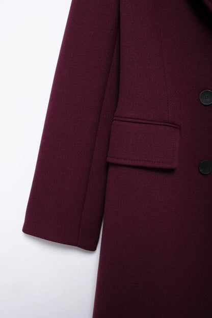 Women Fashion Burgundy Woolen Coat Double Breasted Jacket
