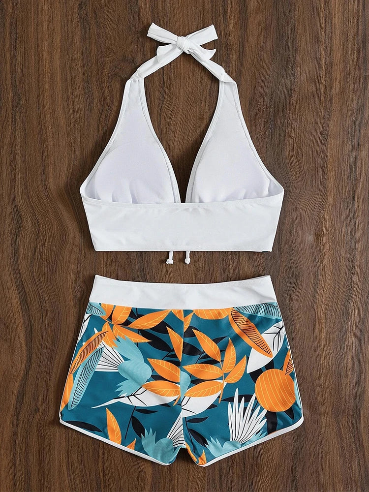 Vintage-Inspired Halter Bikini Set – Printed High-Waist Swimwear for Women