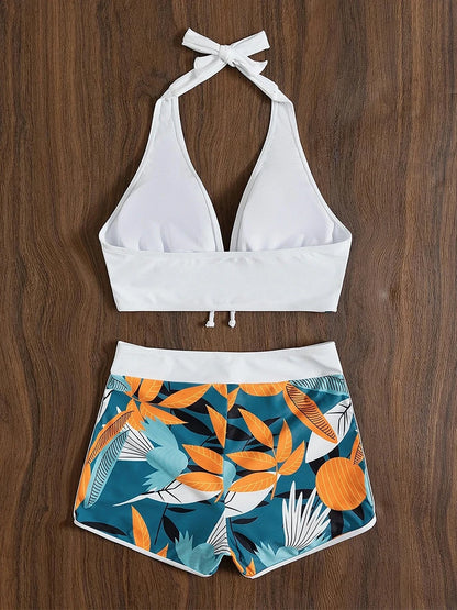 Vintage-Inspired Halter Bikini Set – Printed High-Waist Swimwear for Women