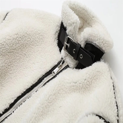 Women's Wool Contrast Color Plush Warm Jacket