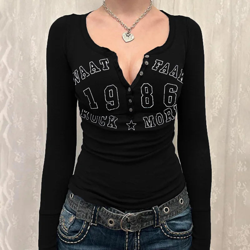 Letter Print Long Sleeve Bodycon T-Shirt