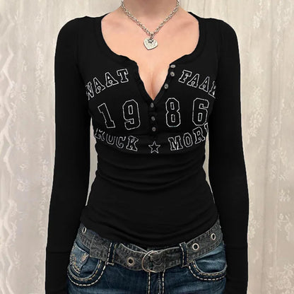 Letter Print Long Sleeve Bodycon T-Shirt