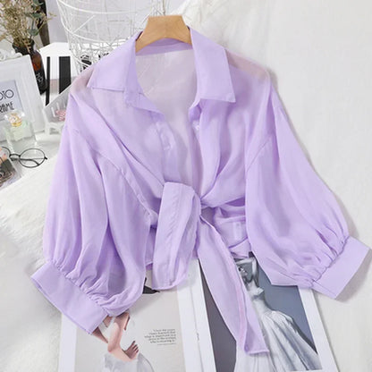 Elegant Solid Color Tied Waist Blouse