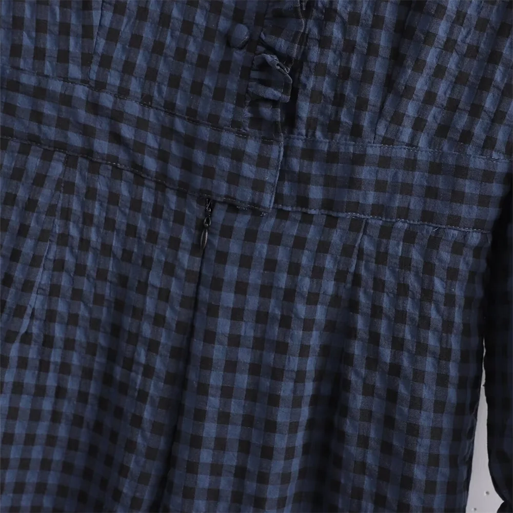 Fashion temperament casual versatile bubble sleeve plaid long jumpsuit