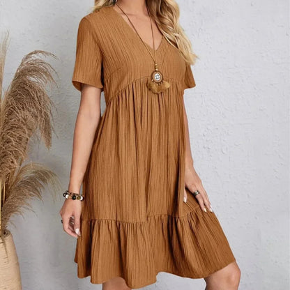 Spring V-Neck Short Sleeve Loose Waist Dress