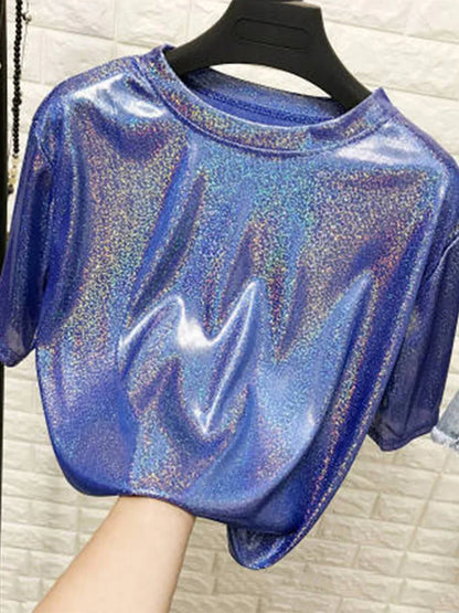 Shiny Loose Short Sleeve T-Shirt – Summer Club Aesthetic