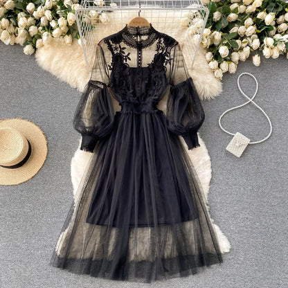Lantern Sleeve High Waist Slim Female Dress