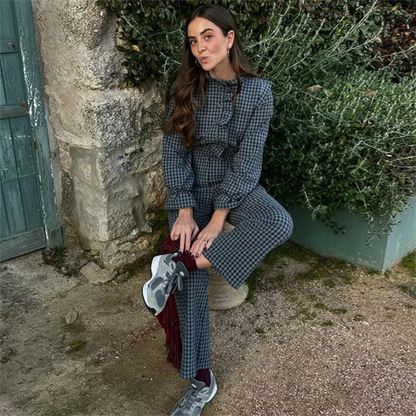 Fashion temperament casual versatile bubble sleeve plaid long jumpsuit