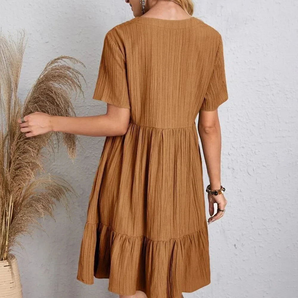 Spring V-Neck Short Sleeve Loose Waist Dress