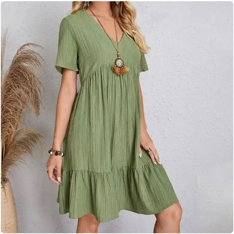 Spring V-Neck Short Sleeve Loose Waist Dress