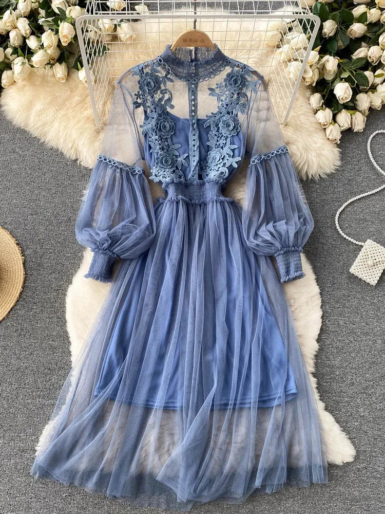 Lantern Sleeve High Waist Slim Female Dress