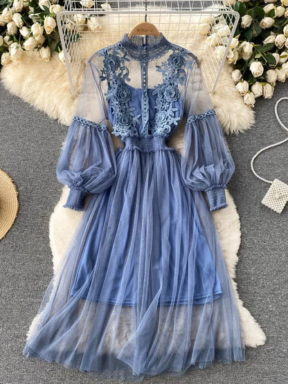 Lantern Sleeve High Waist Slim Female Dress