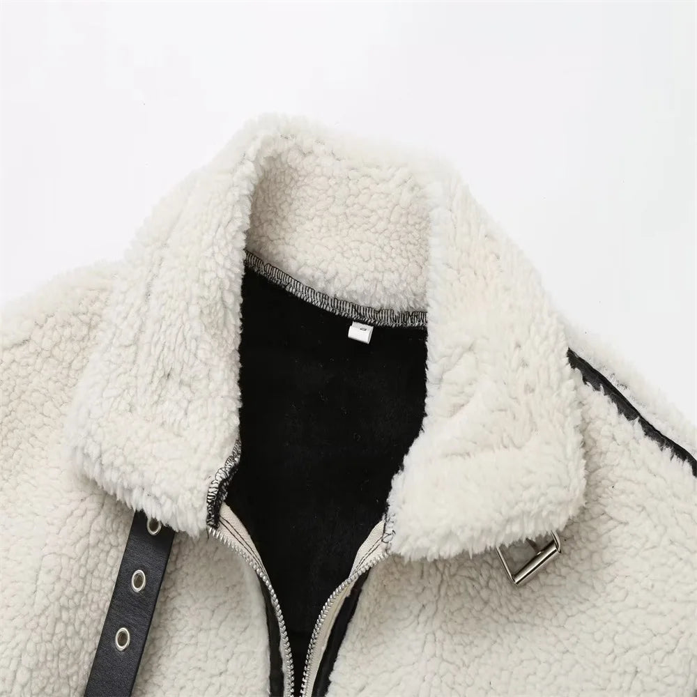 Women's Wool Contrast Color Plush Warm Jacket