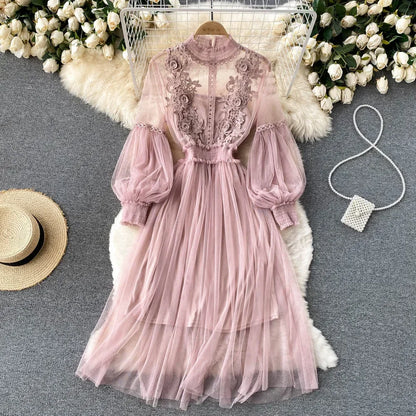Lantern Sleeve High Waist Slim Female Dress