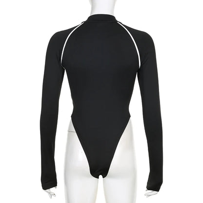 Moto & Biker Letter Print Bodysuit – Edgy Autumn/Winter Style
