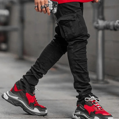Elastic Denim Cargo Pants with Pockets