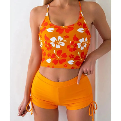 Floral Printed Tankini Set – Adjustable Strap Vest Bra & High-Waist Shorts for Women