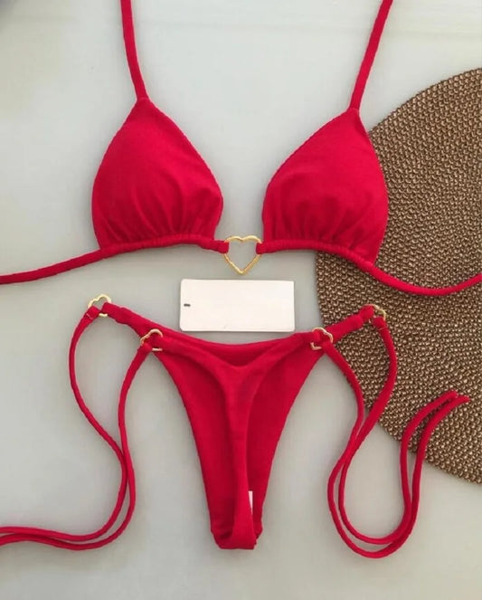 Sexy Solid Color Halter Bikini Set – Women's Triangle Thong Swimwear