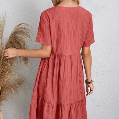 Spring V-Neck Short Sleeve Loose Waist Dress