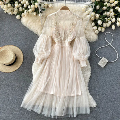 Lantern Sleeve High Waist Slim Female Dress
